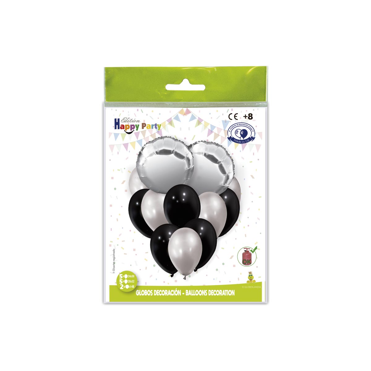 Kit decoración globos redondos plata y negro, 12 uds
