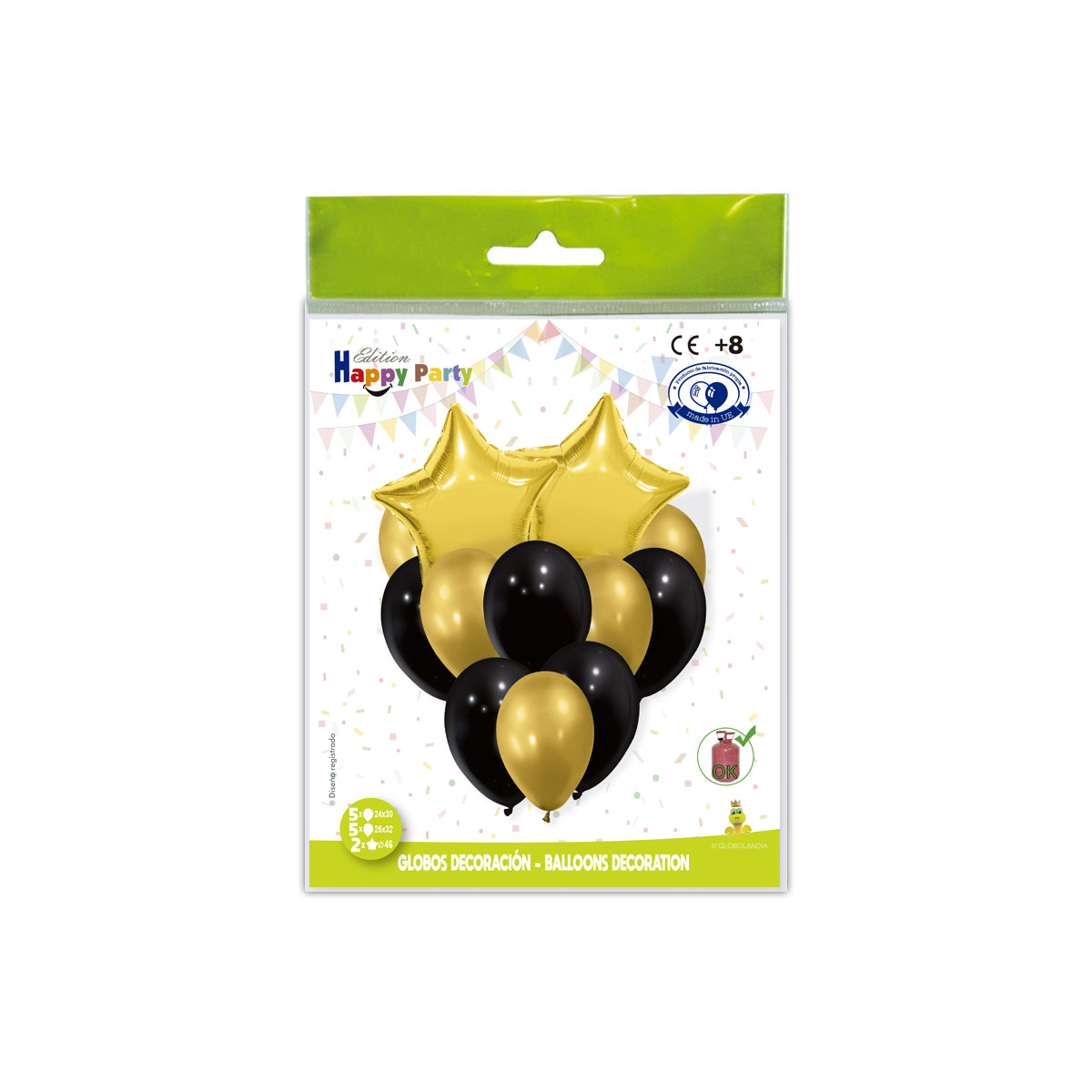 Conjunto de globos decoración con estrellas de poliamida oro y látex negro y oro