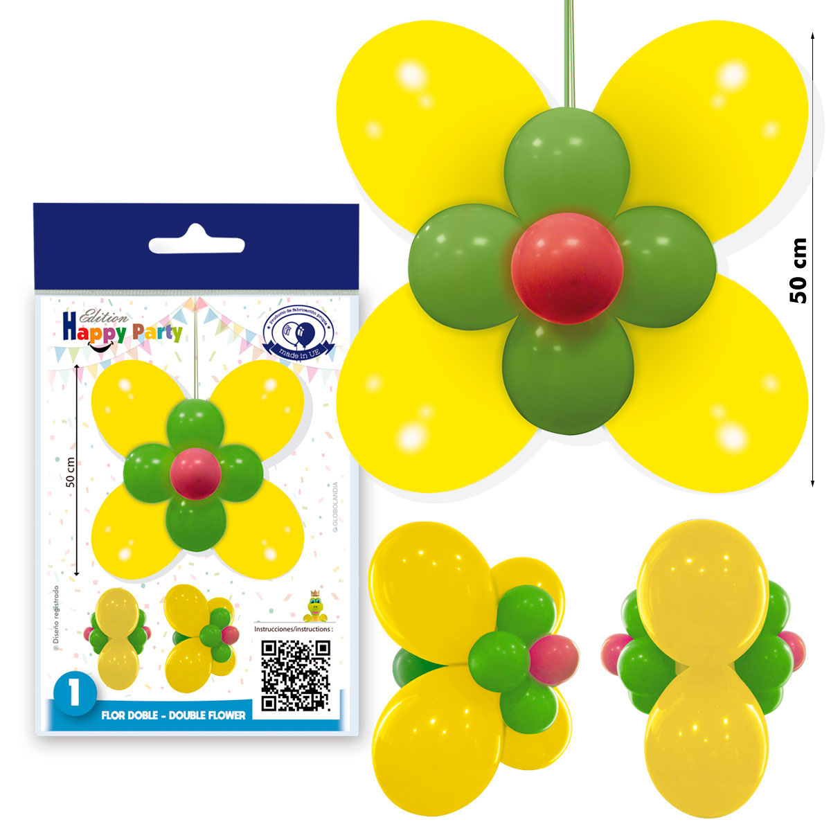 Kit Flor Doble de Globos Amarillo y Verde 50 cm