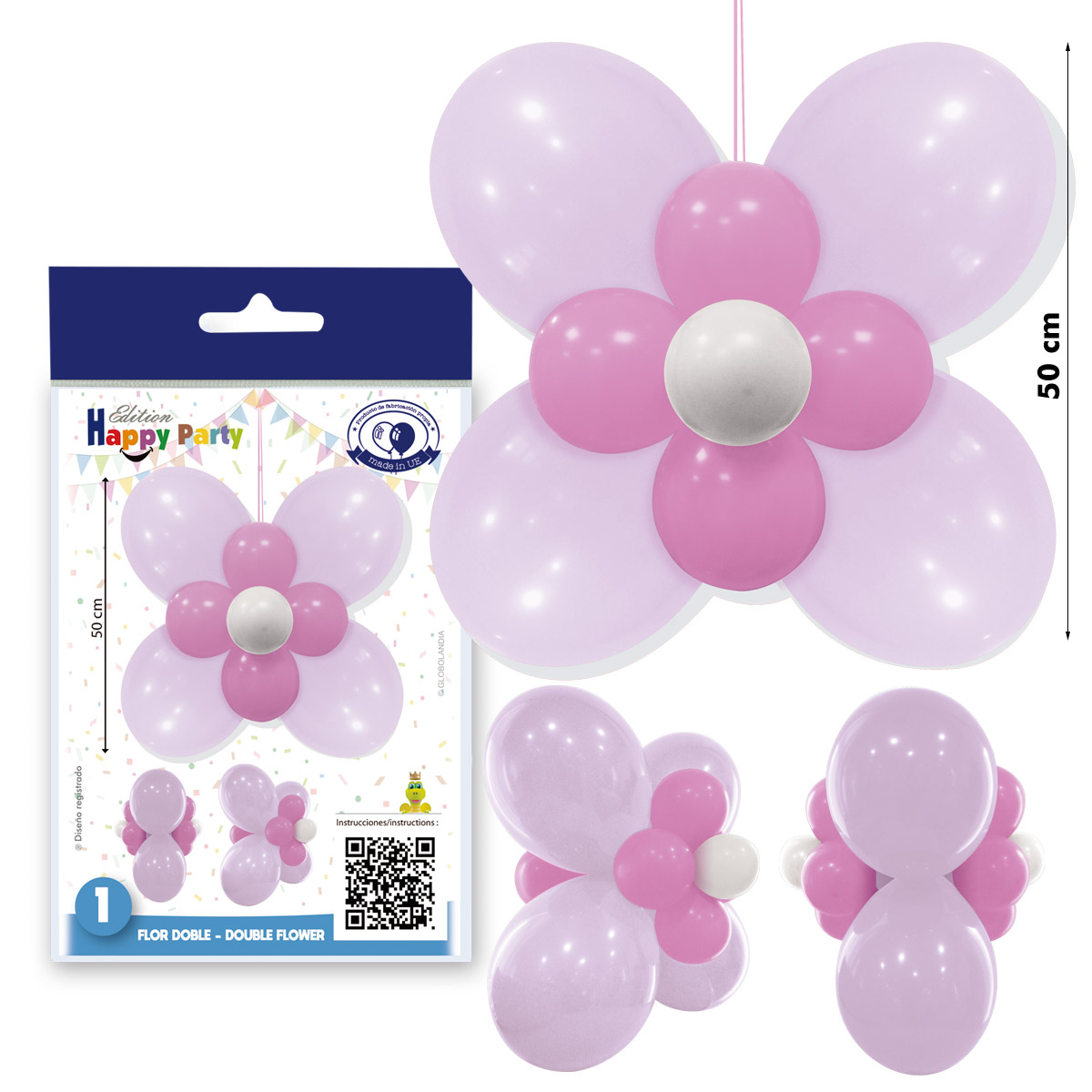 Kit decoración flor doble violeta y rosa 50 cm