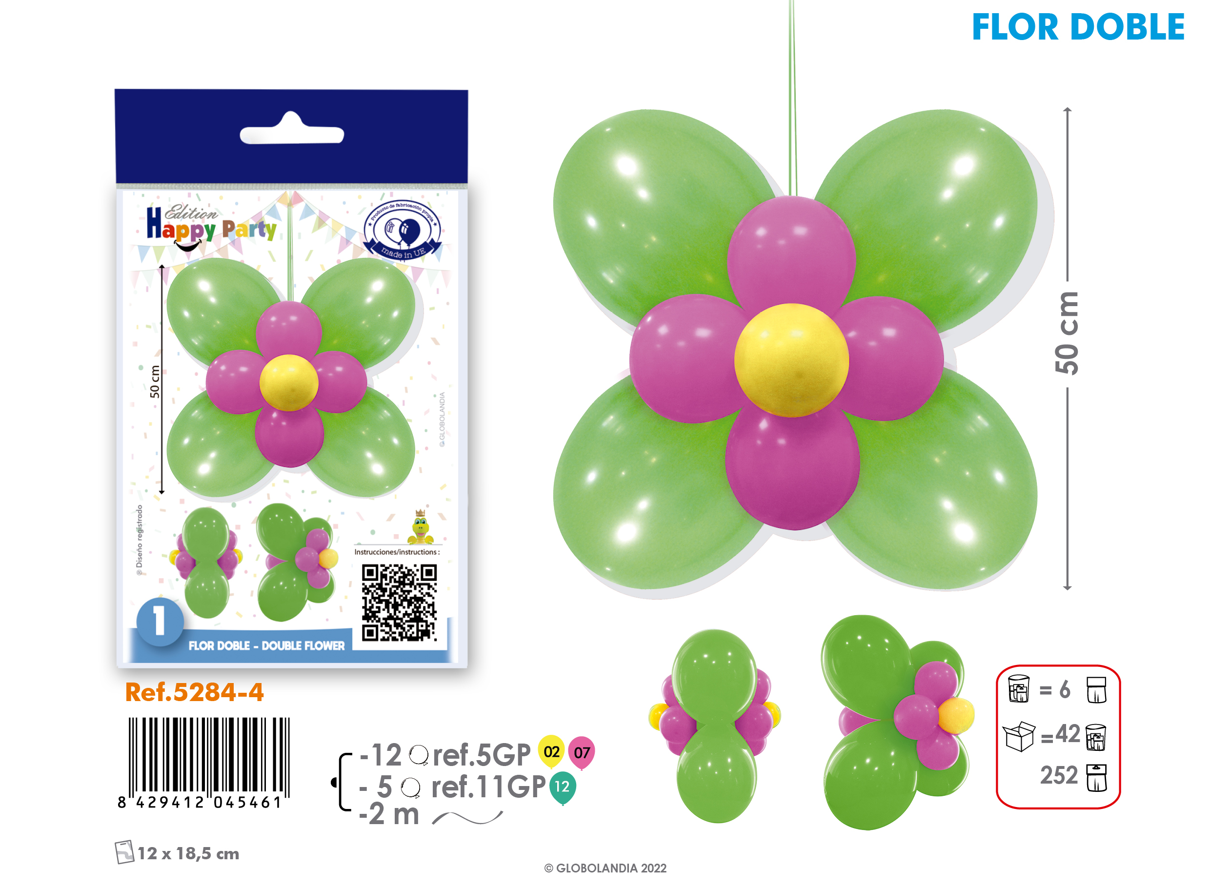 Kit de globos Flor Doble verde y fucsia 50 cm