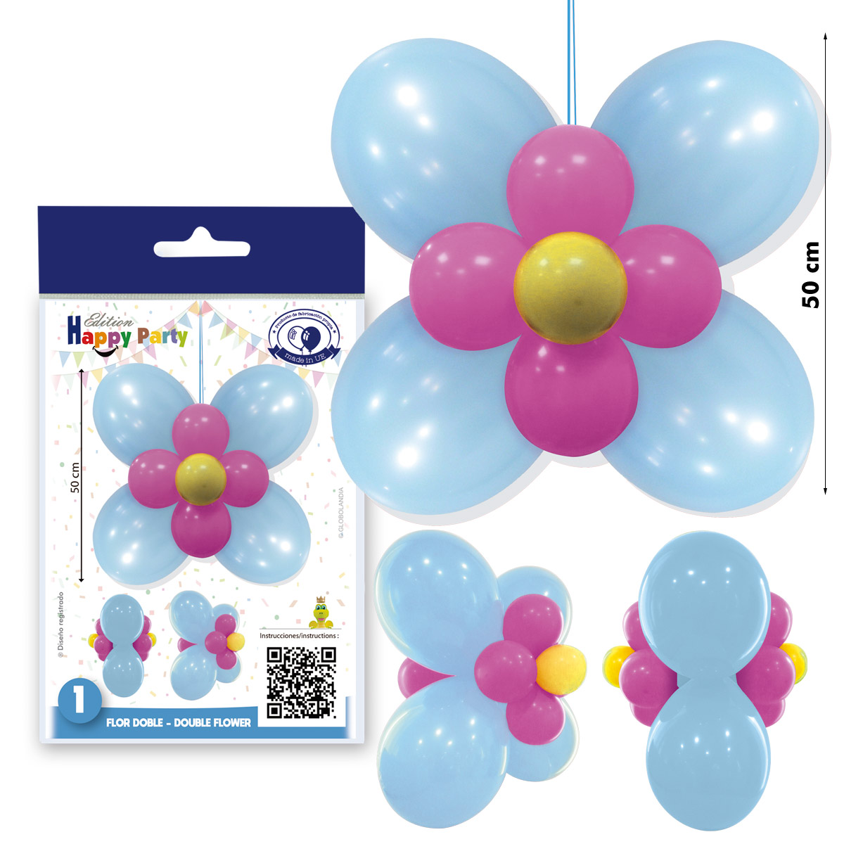 Kit Flor Doble de Globos Celeste y Fucsia 50 cm