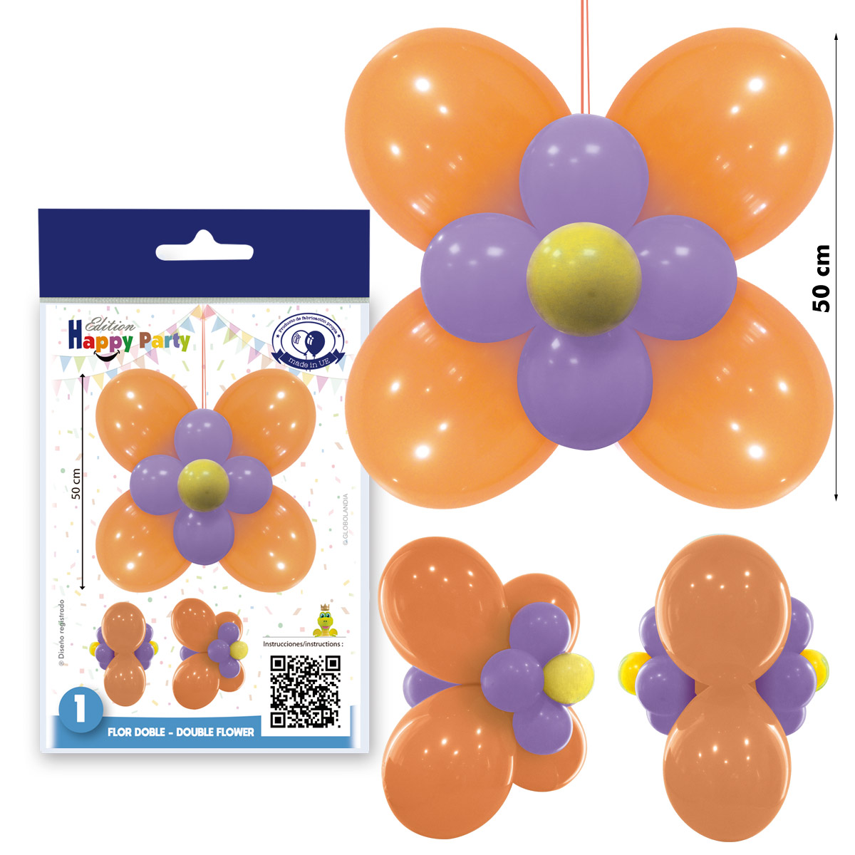Kit decoración Flor Doble naranja y lavanda 50 cm