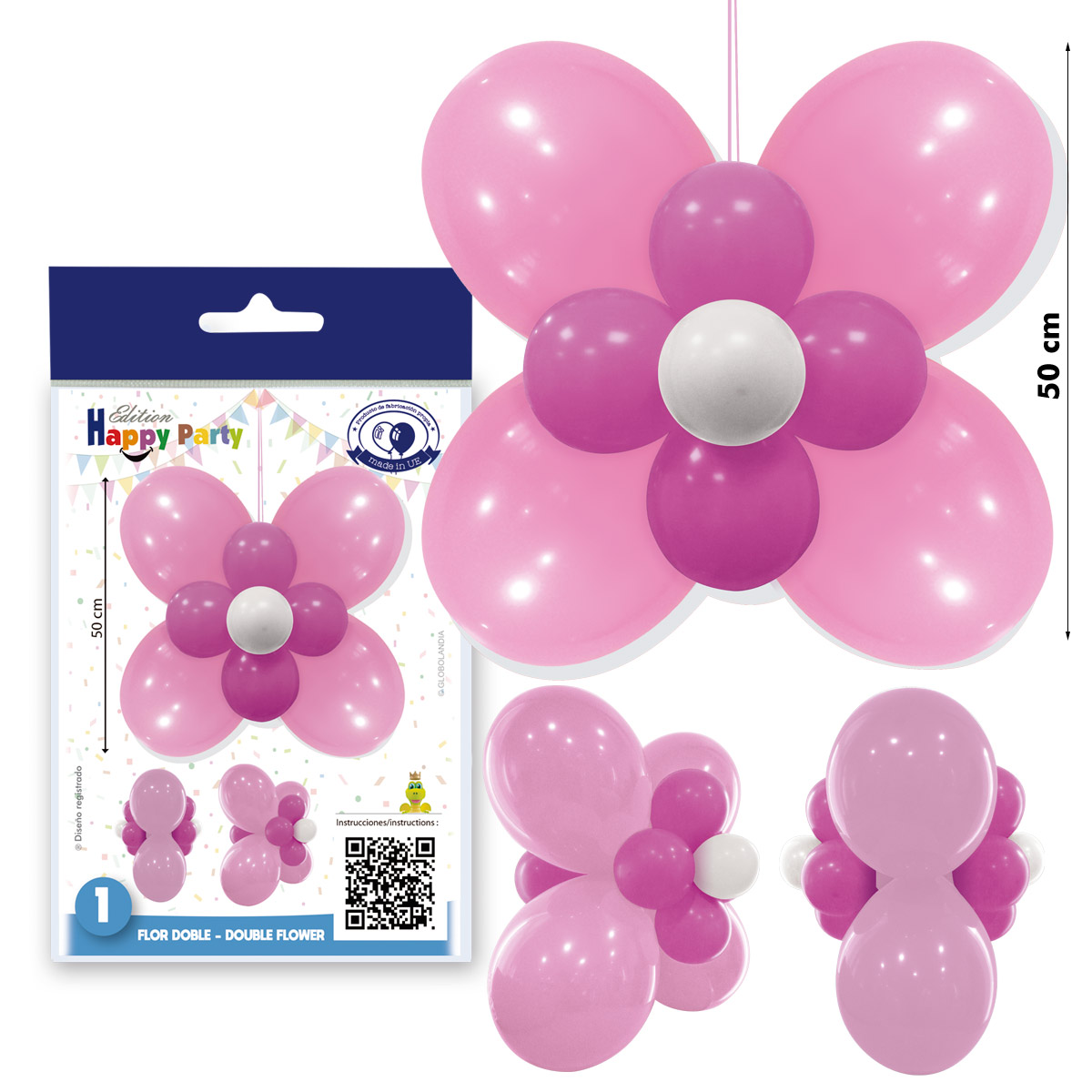 Kit decoración Flor Doble rosa y fucsia 50 cm