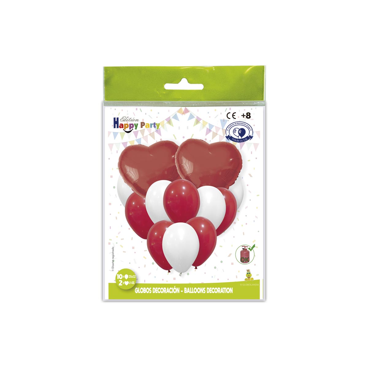 Conjunto globos decoración corazón rojo 46 cm y látex rojo y blanco