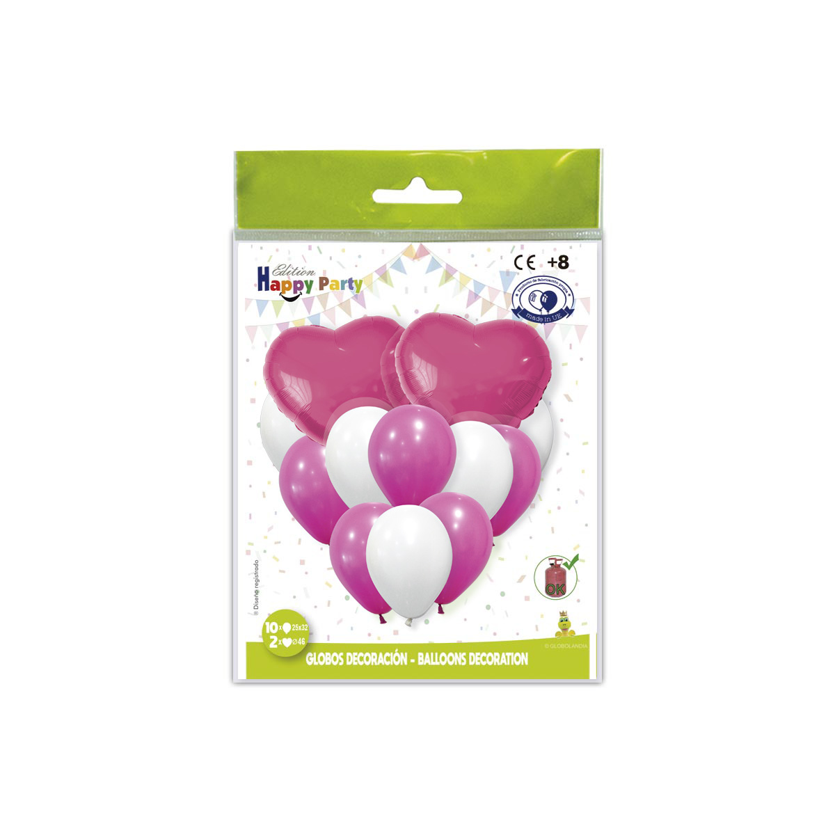 Kit decoración globos corazón poliamida fucsia y blanco