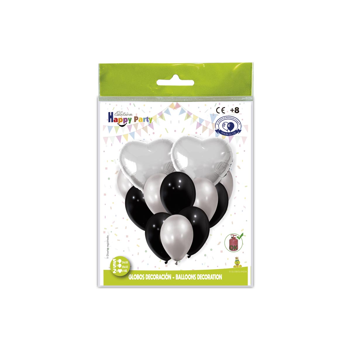 Kit decoración globos corazón poliamida plata 46 cm y látex negro y plata