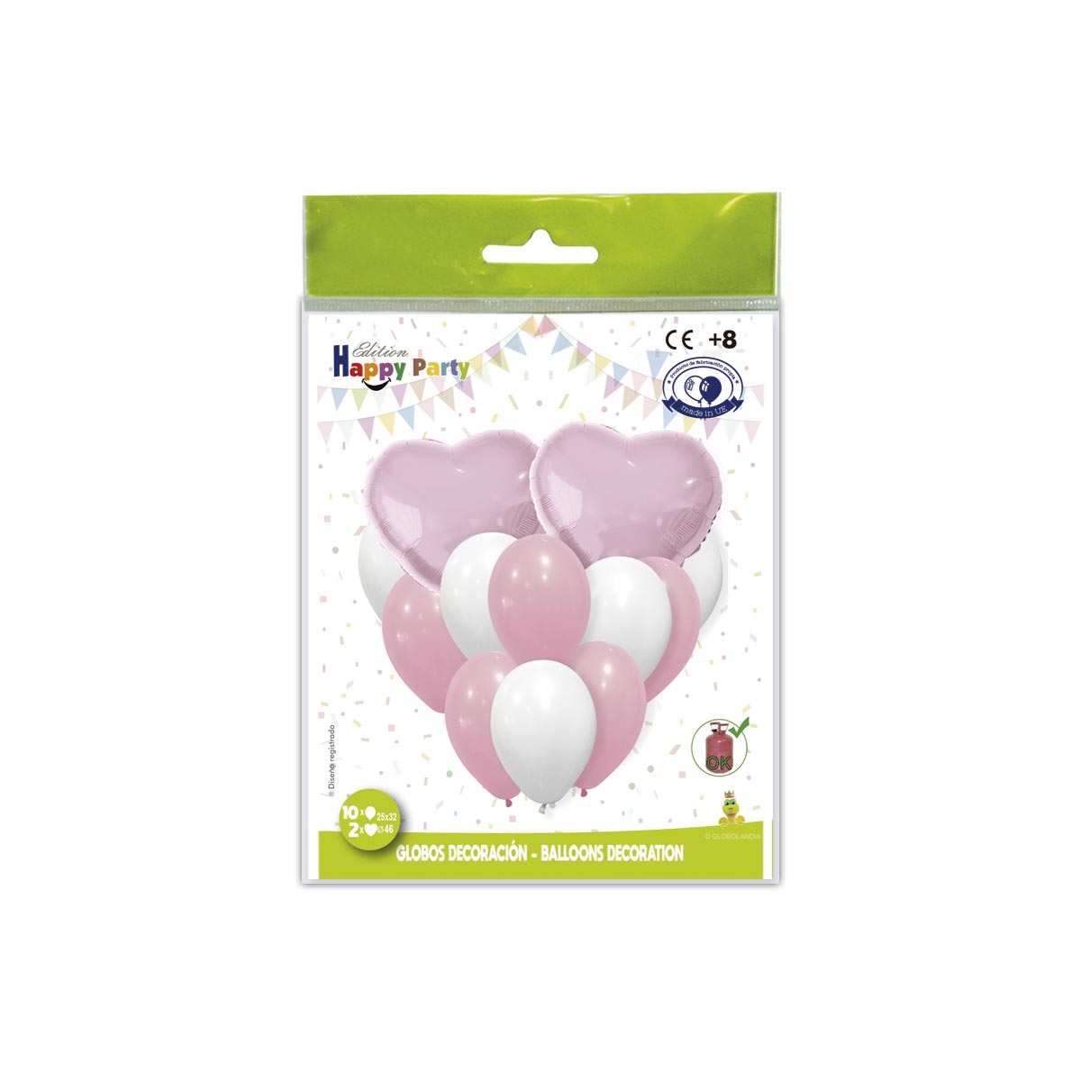 Kit globos decoración corazón rosa: 10 látex + 2 poliamida 46 cm