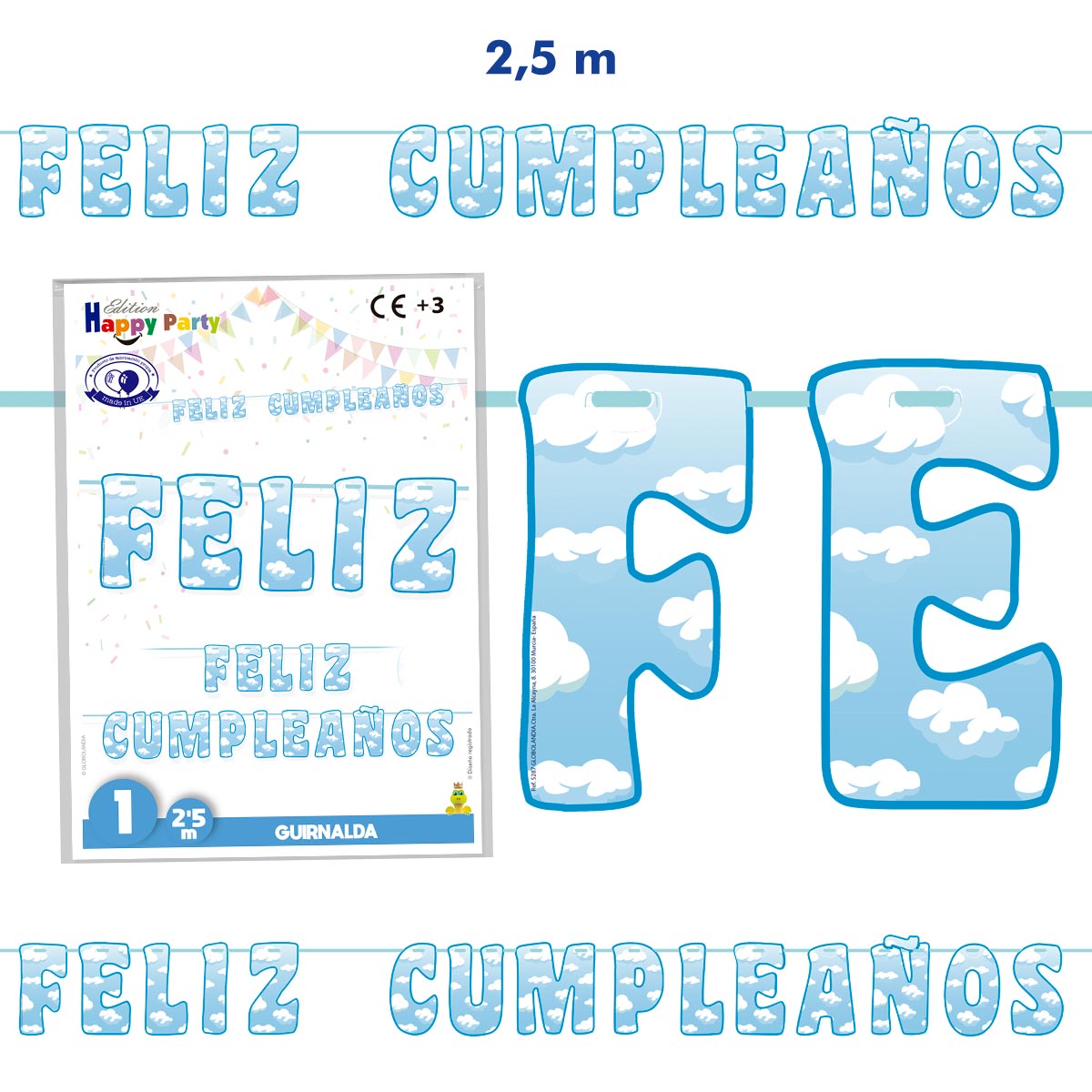 Guirnalda Feliz Cumpleaños nubes celeste 2,5 m