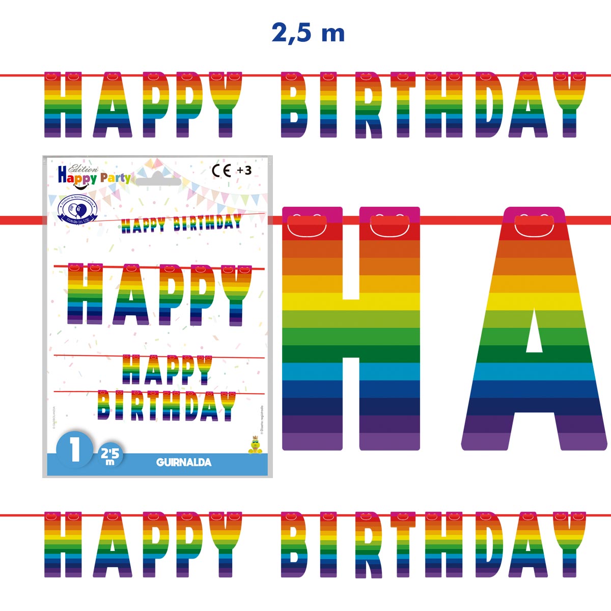 Guirnalda Happy Birthday arcoíris de papel 2,5 m