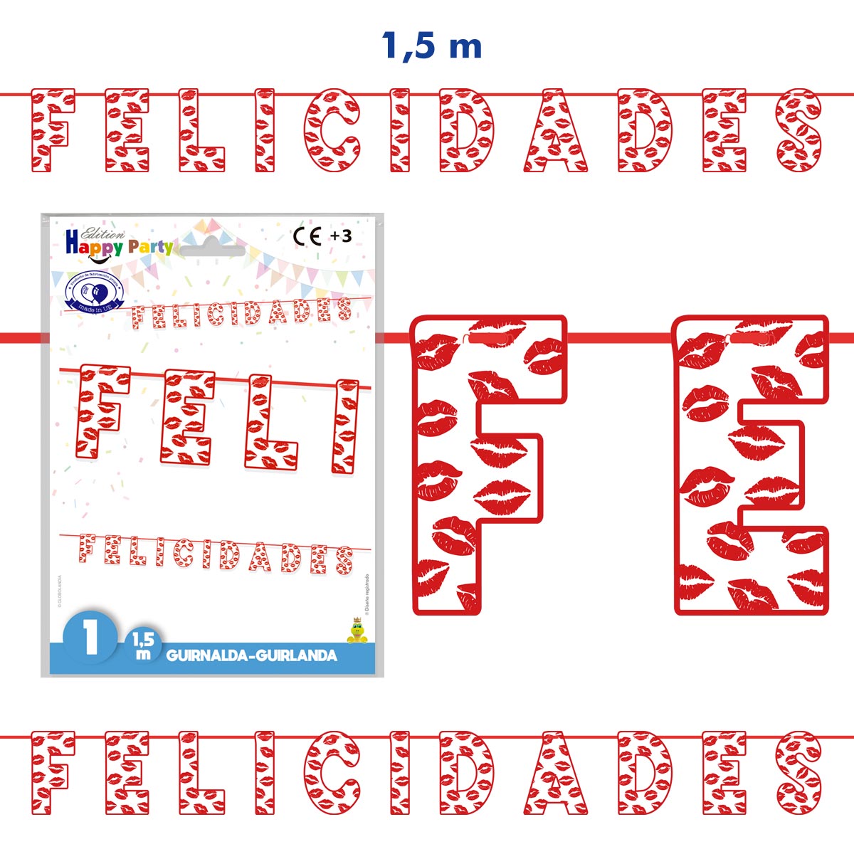 Guirnalda Felicidades Besos Rojos 1,5 m