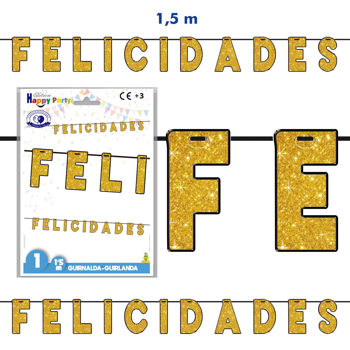 Guirnalda "Felicidades" oro purpurina 1,5 m