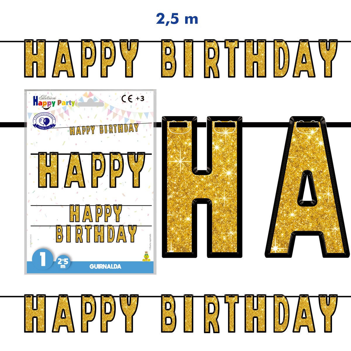 Guirnalda Happy Birthday dorada 2,5 m