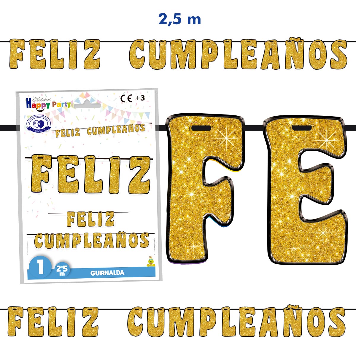Guirnalda de papel Feliz Cumpleaños oro 2,5 m