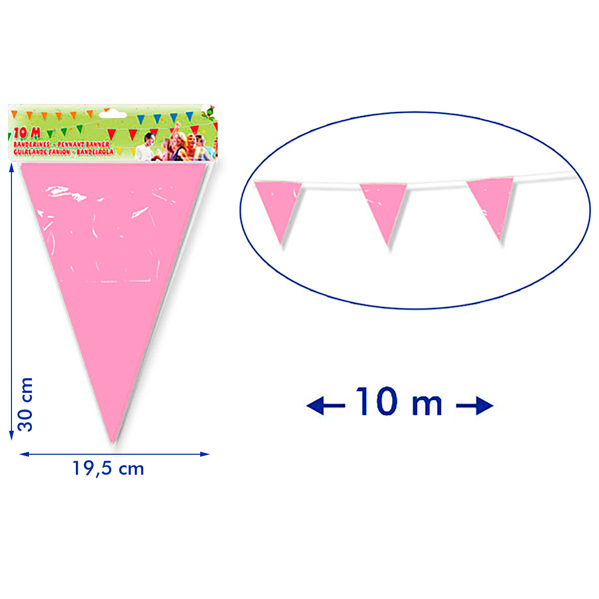 Guirnalda de banderines triangulares de plástico rosa 10 m