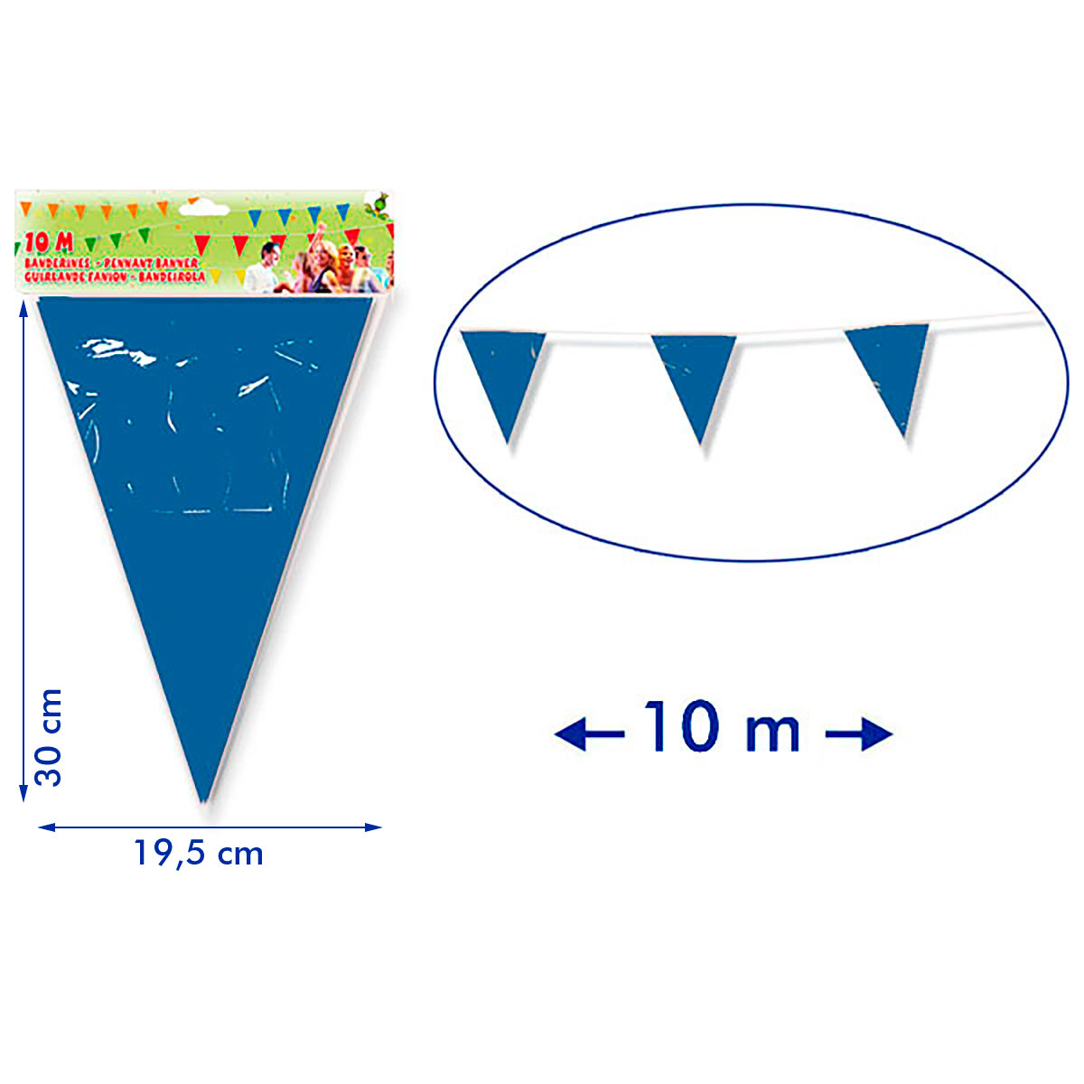 Guirnalda de banderines triangulares de plástico 10 m celeste