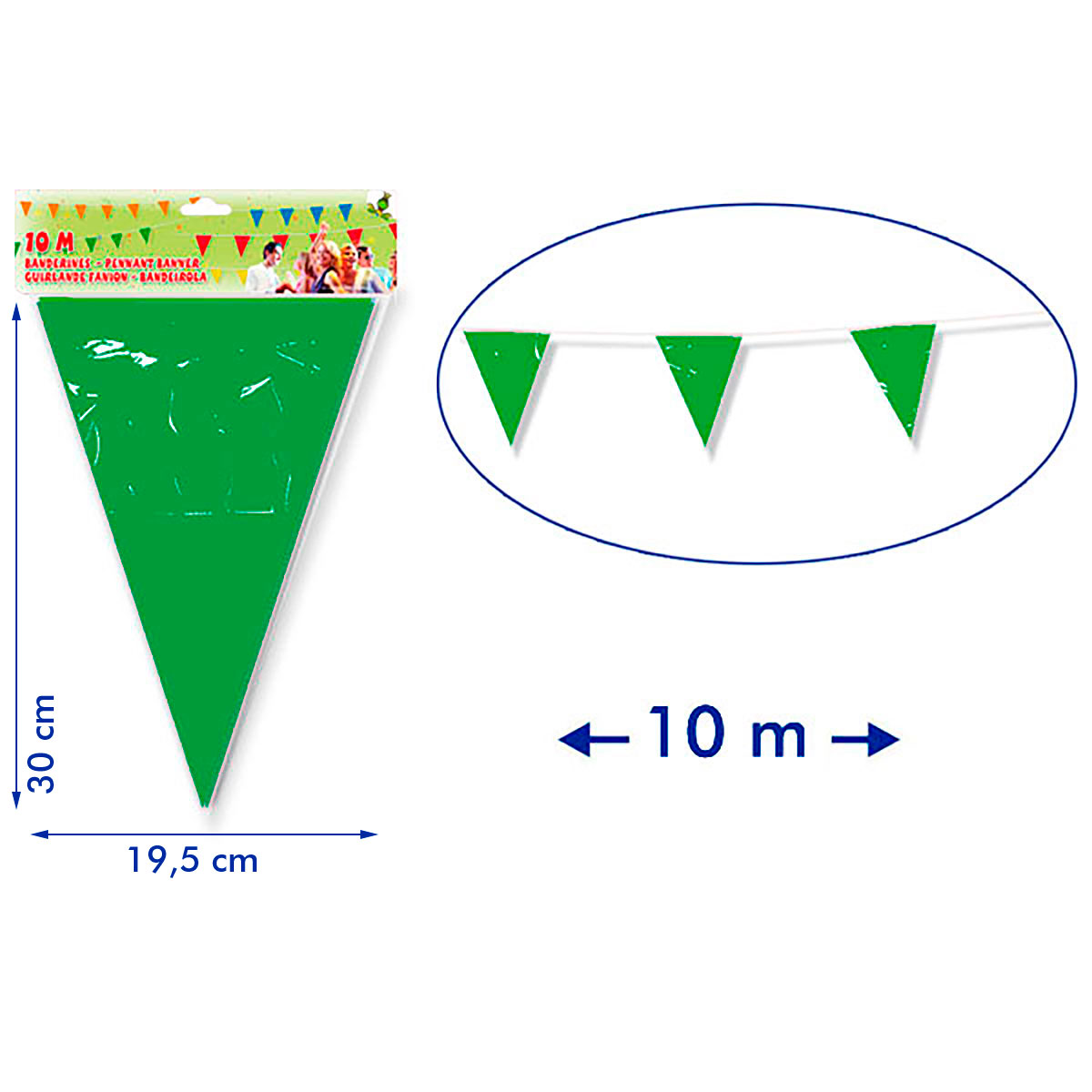 Guirnalda de banderines triangulares verde 10 m de plástico