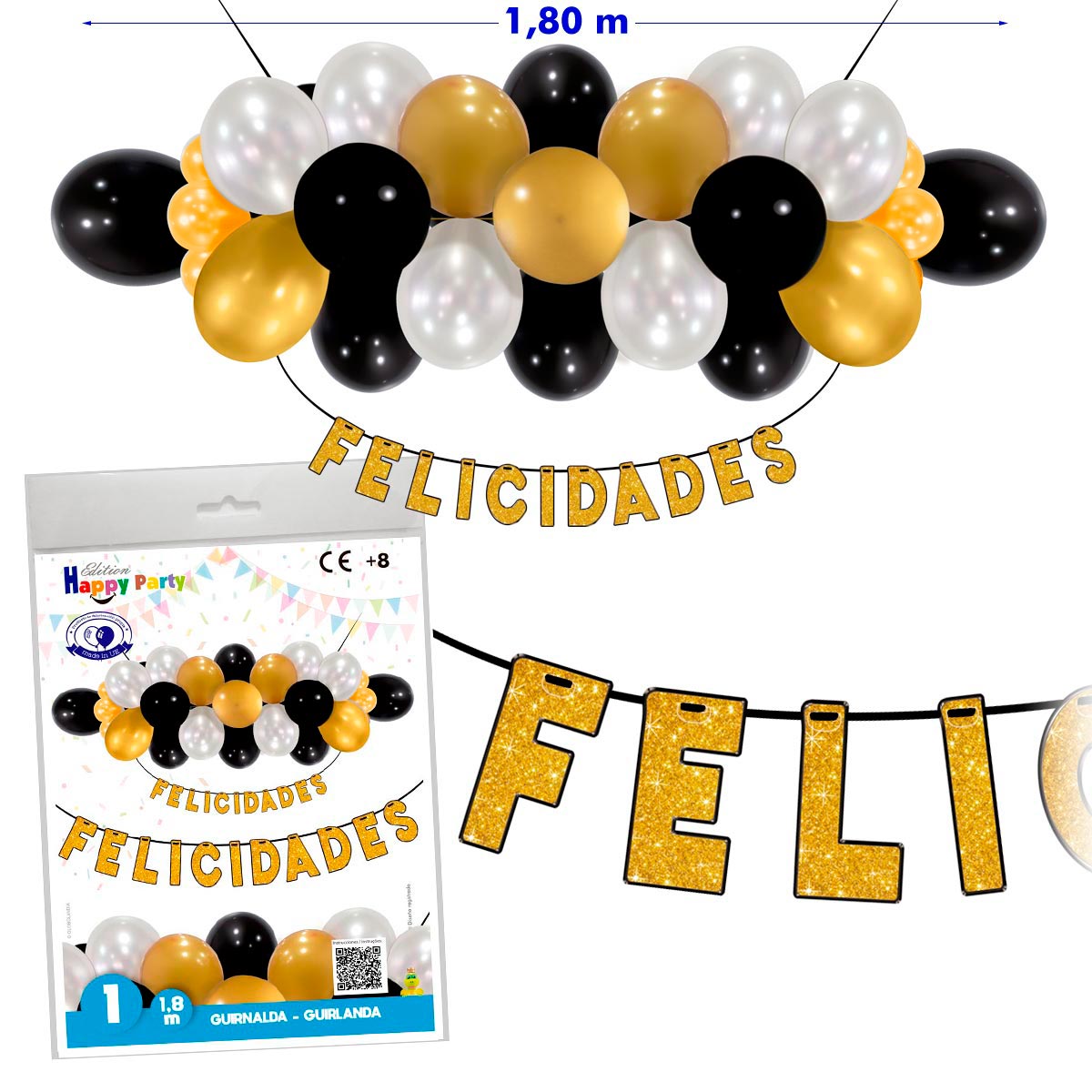 Guirnalda Felicidades con globos oro, negro y blanco perlado 1,80 m