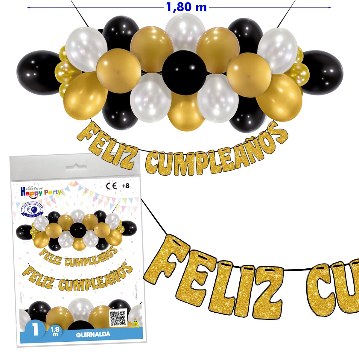 Guirnalda Feliz Cumpleaños letras oro purpurina 1,80 m