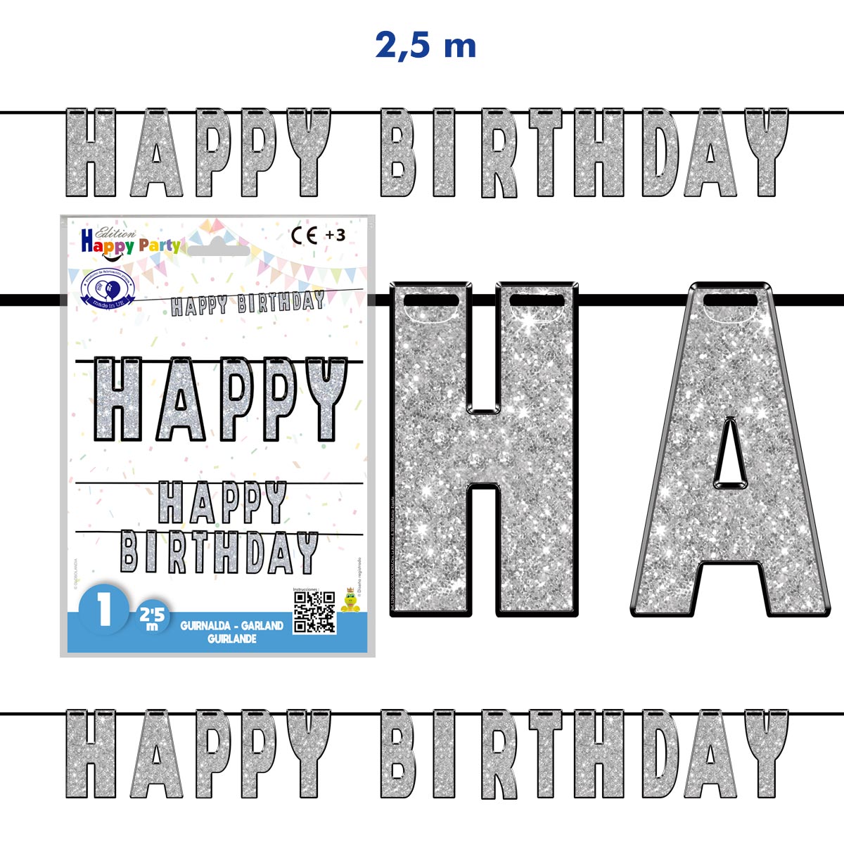 Guirnalda Happy Birthday plata purpurina 2,5 m
