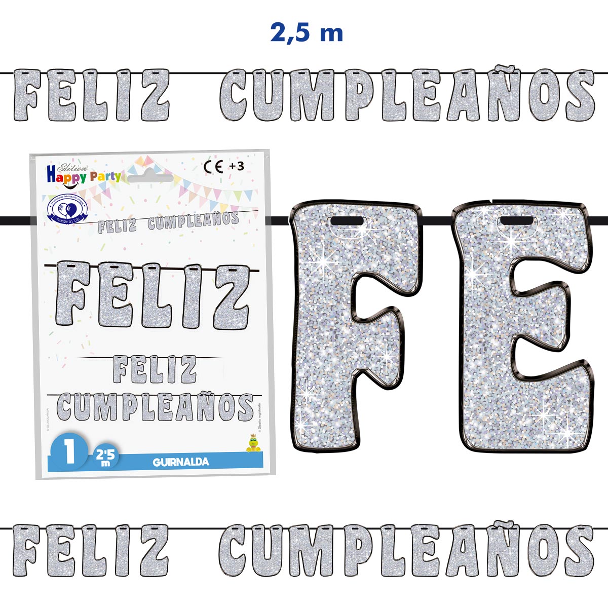 Guirnalda Feliz Cumpleaños plata glitter 2,5 m