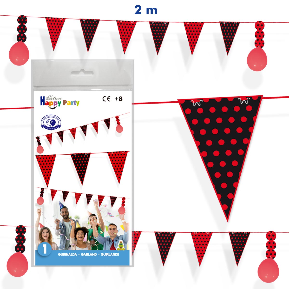 Guirnalda de banderines triangulares de papel rojo con lunares, 2 m