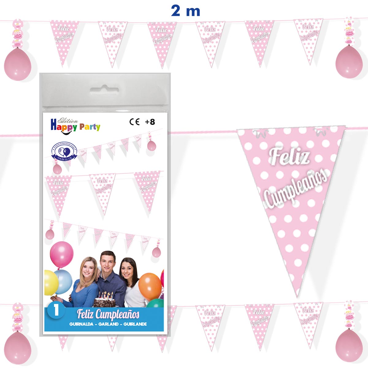 Guirnalda de banderines triangulares Feliz Cumpleaños rosa 2 m