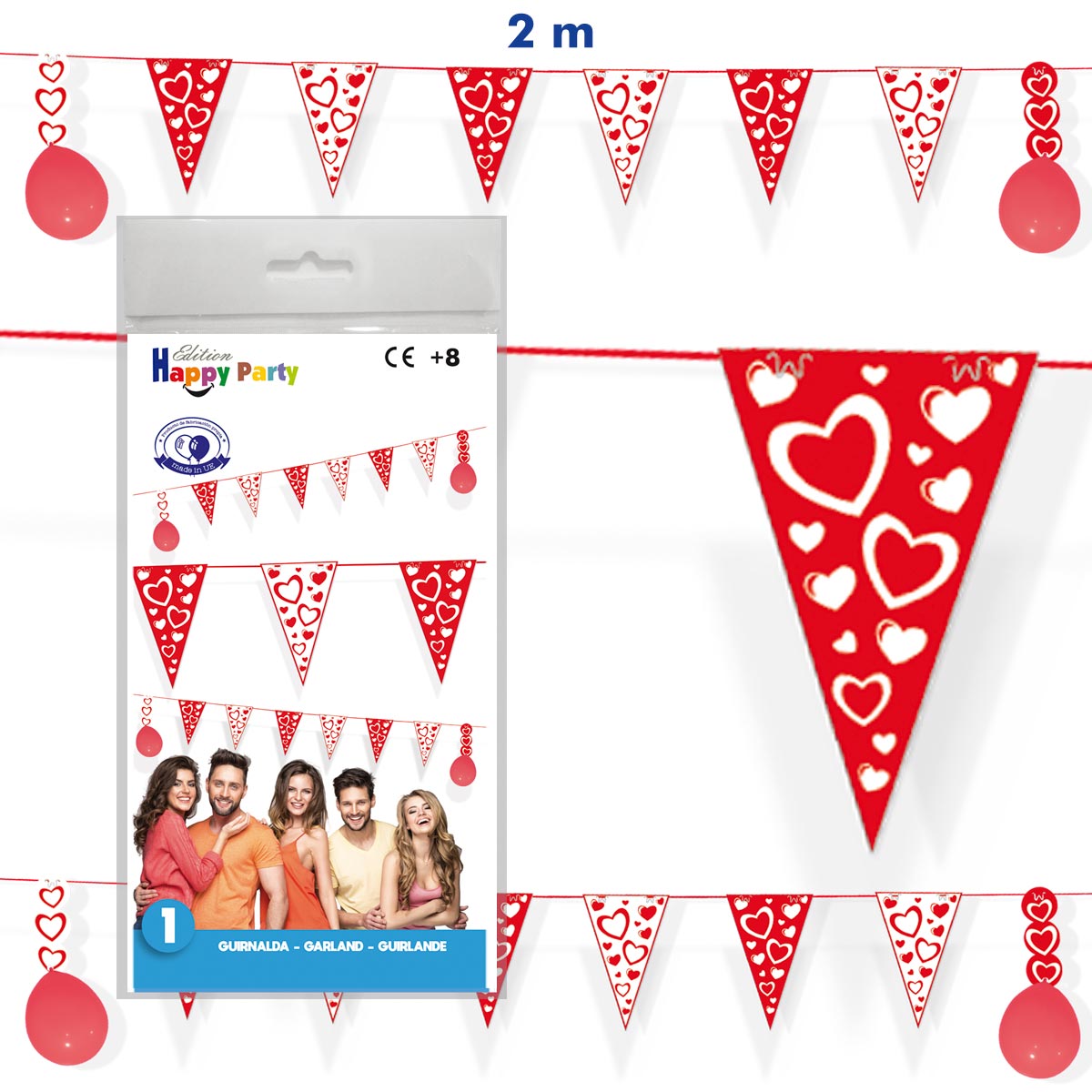 Guirnalda de banderines triangulares con corazones 2 m