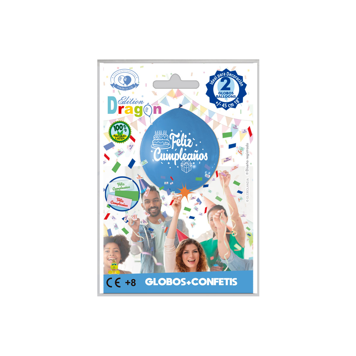 Globo gigante Feliz Cumpleaños con confeti azul 45 cm - Bolsa 2 unidades
