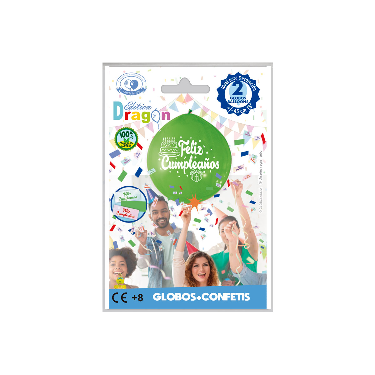 Globo gigante verde "Feliz Cumpleaños" con confeti 45 cm - Bolsa 2 uds.