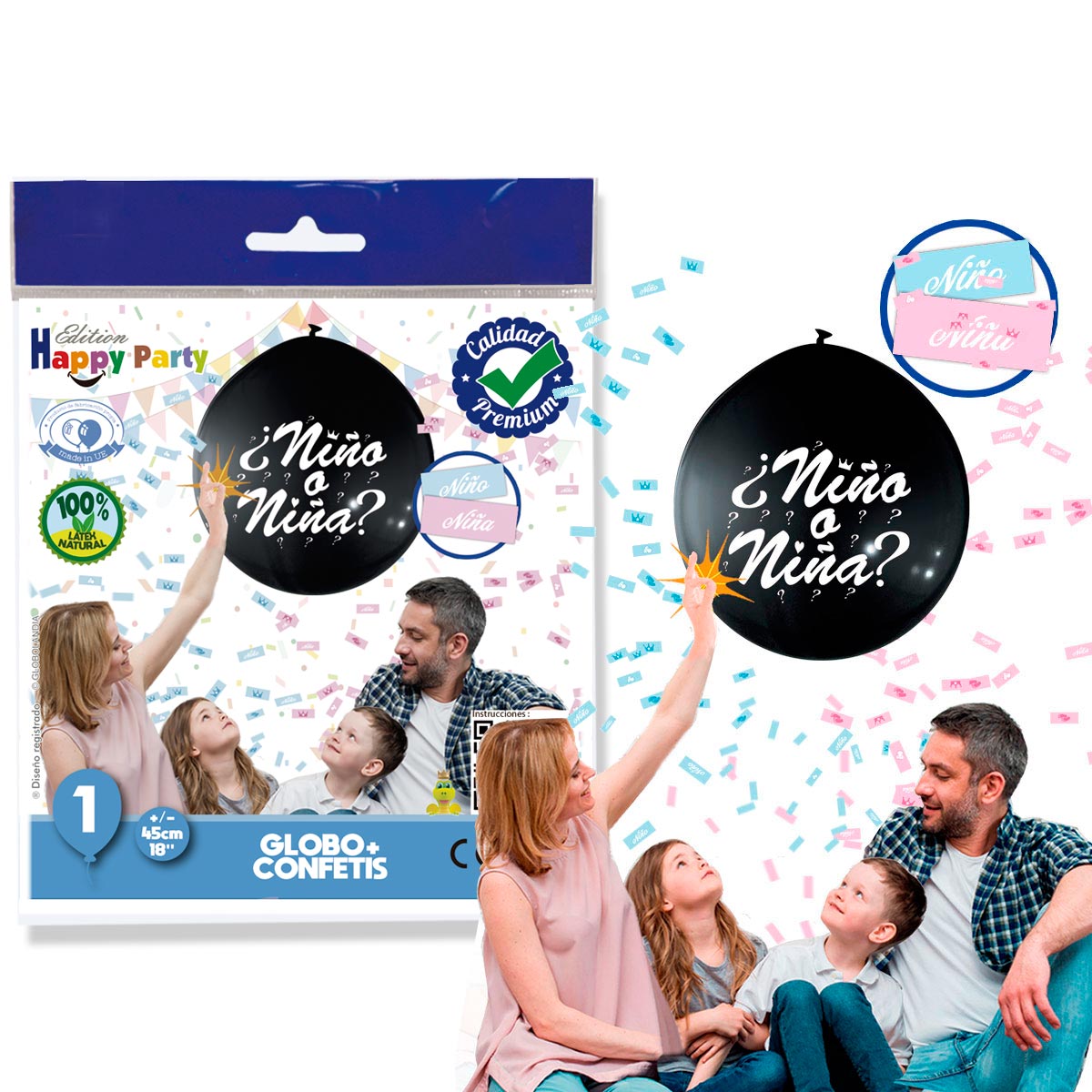 Globo gigante 45 cm ¿Niño o Niña? negro con confeti