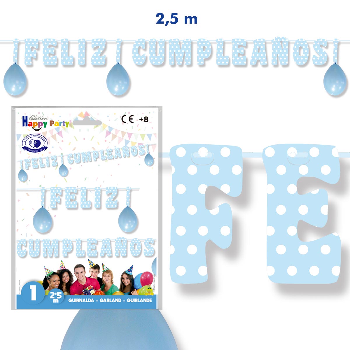 Guirnalda Feliz Cumpleaños celeste con puntos blancos 2,5 m