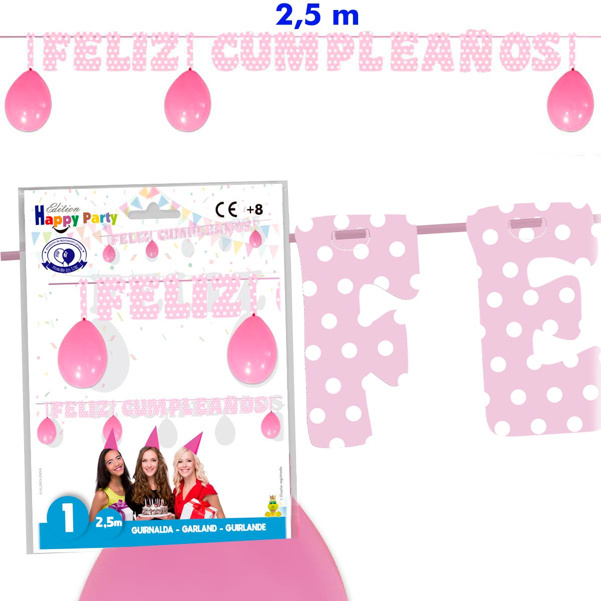 Guirnalda "¡Feliz Cumpleaños!" rosa con puntos blancos 2,5 m con globos