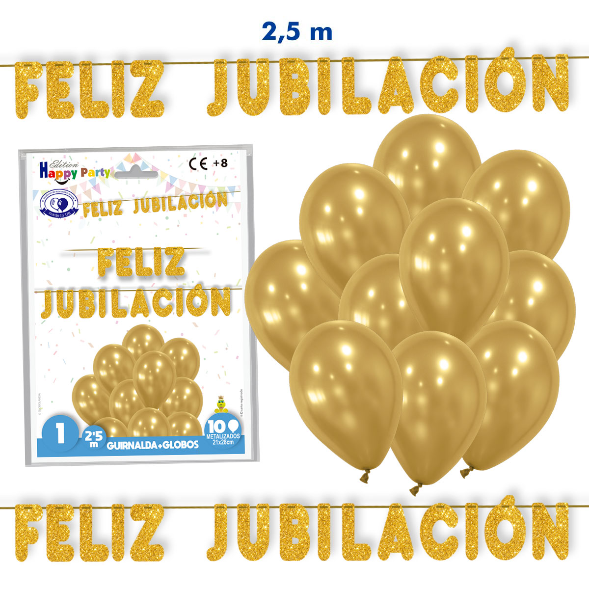 Guirnalda Feliz Jubilación 2,5 m con 10 globos metalizados dorados