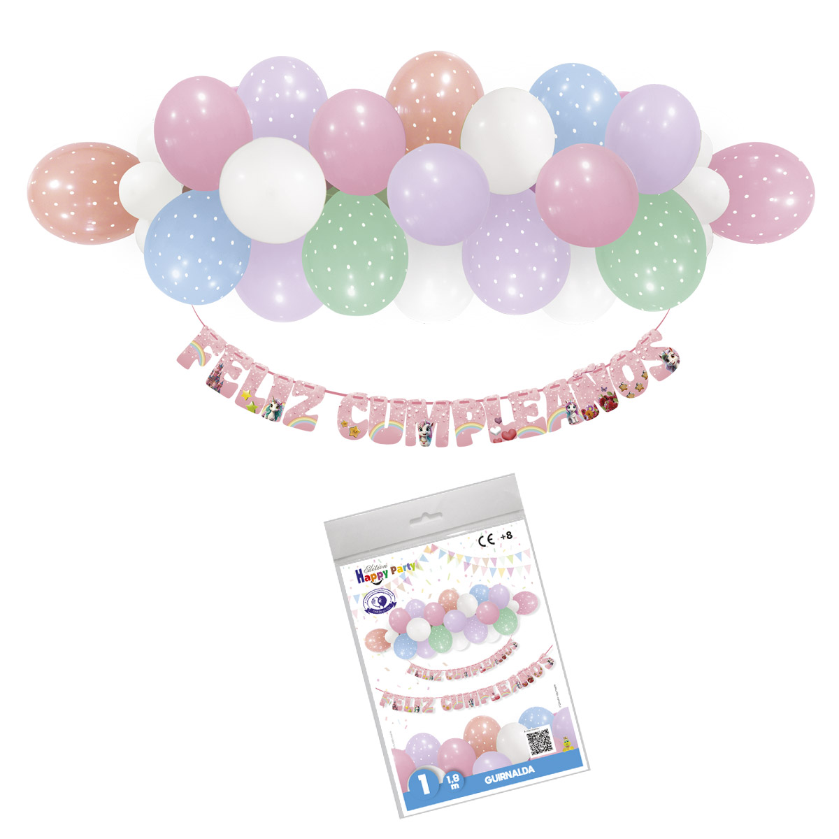 Guirnalda Feliz Cumpleaños Unicornios con Globos Pastel