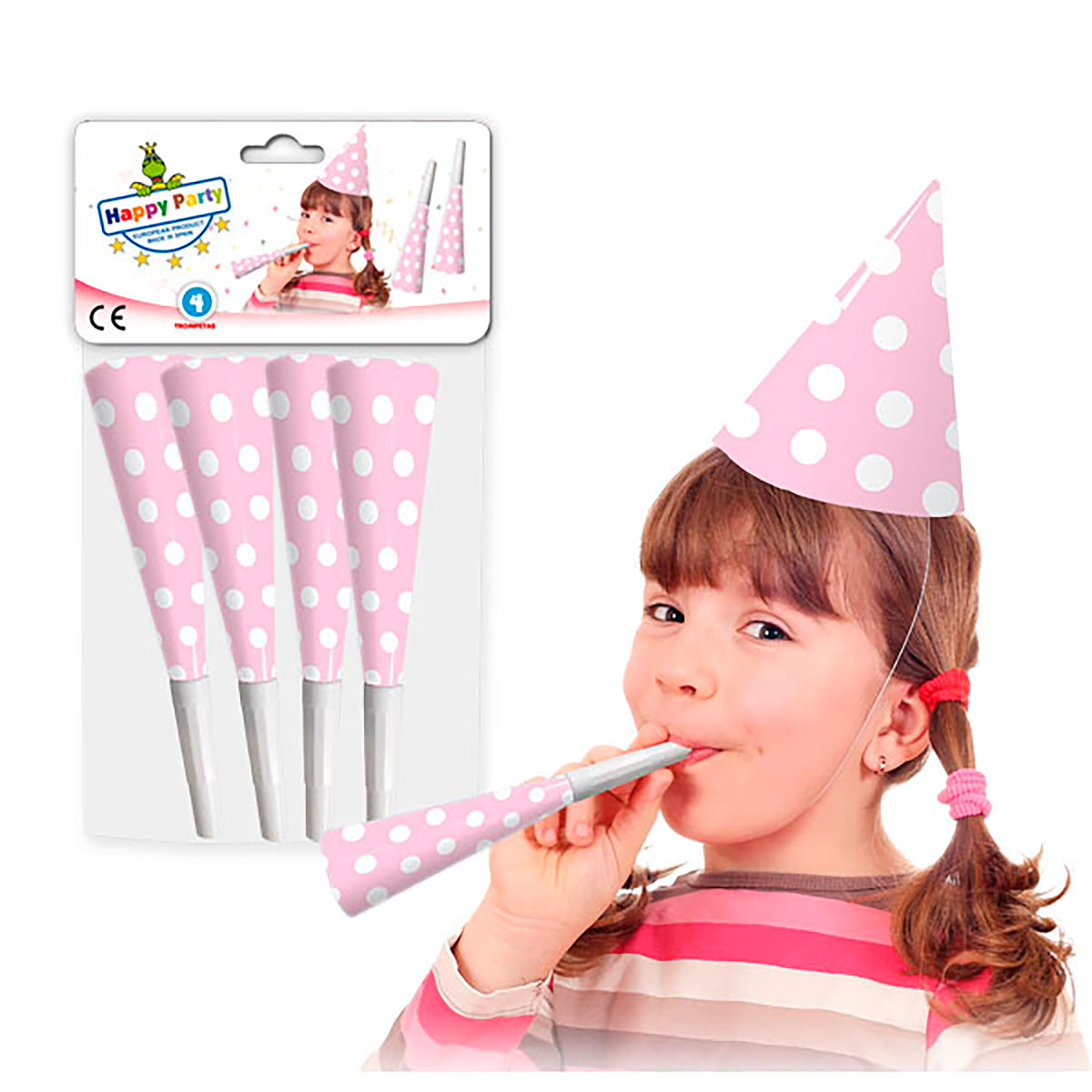 Trompetas de Fiesta Rosa con Puntos Blancos
