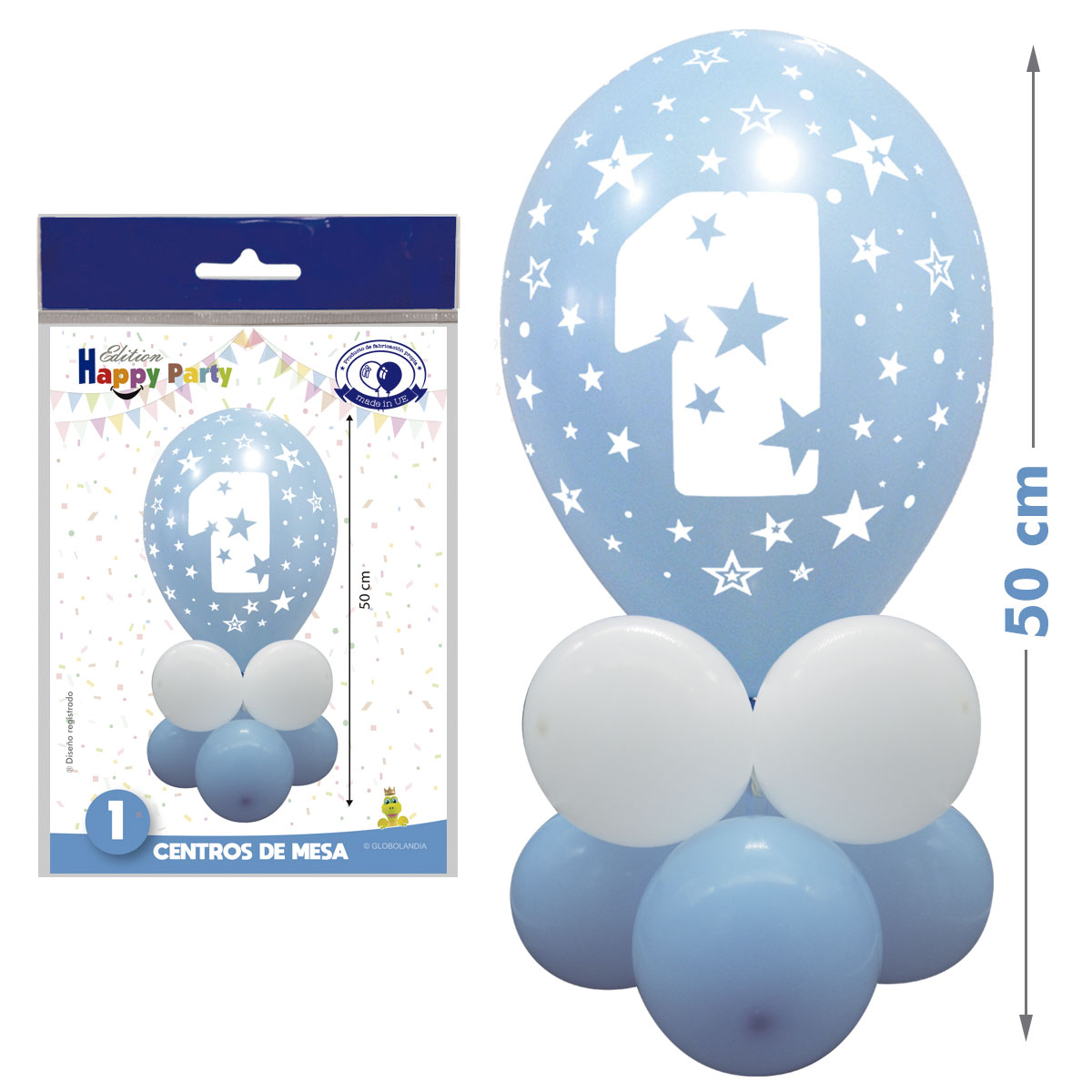 Kit Centro de Mesa Número 1 Celeste y Blanco