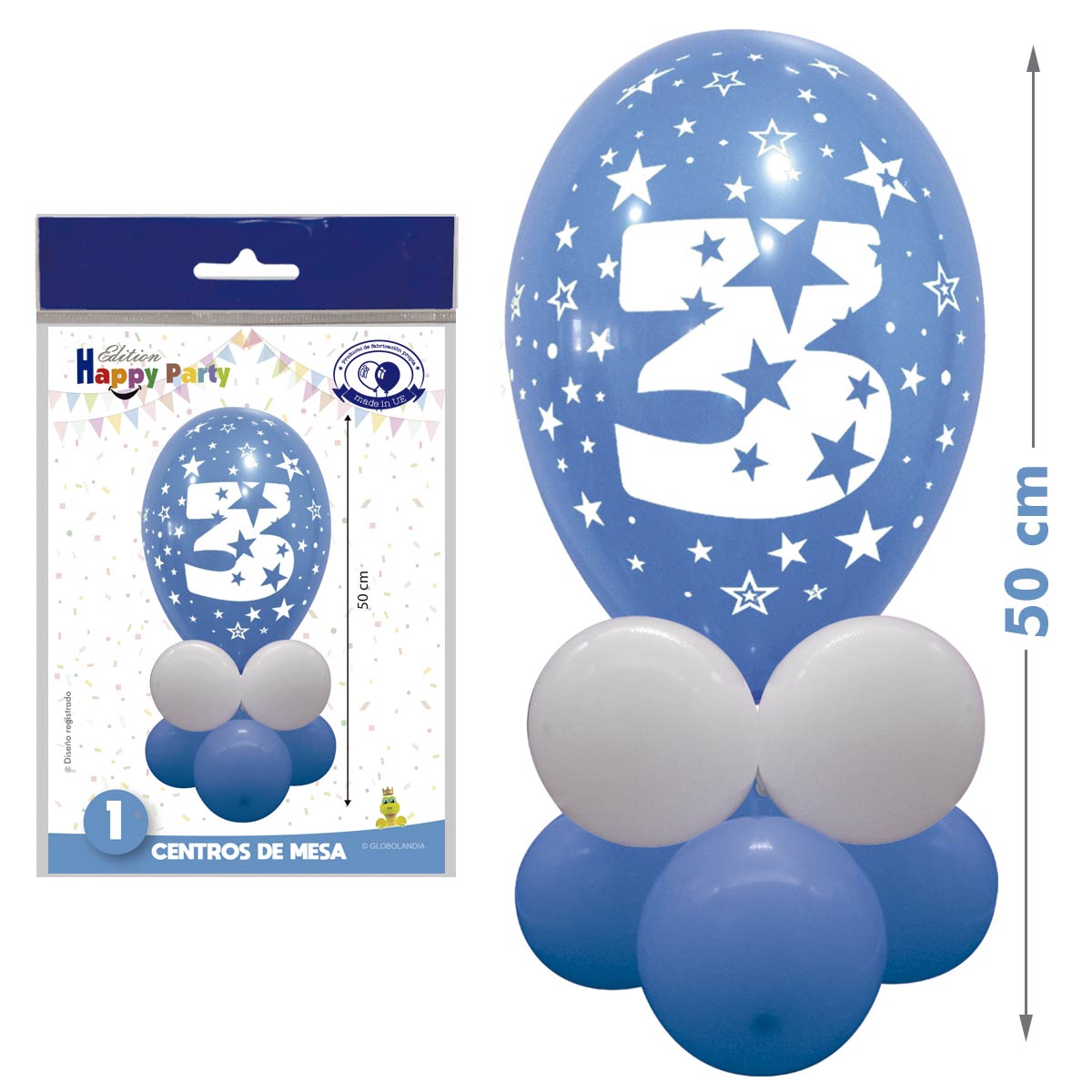 Kit Centro de Mesa Número 3 Azul y Blanco