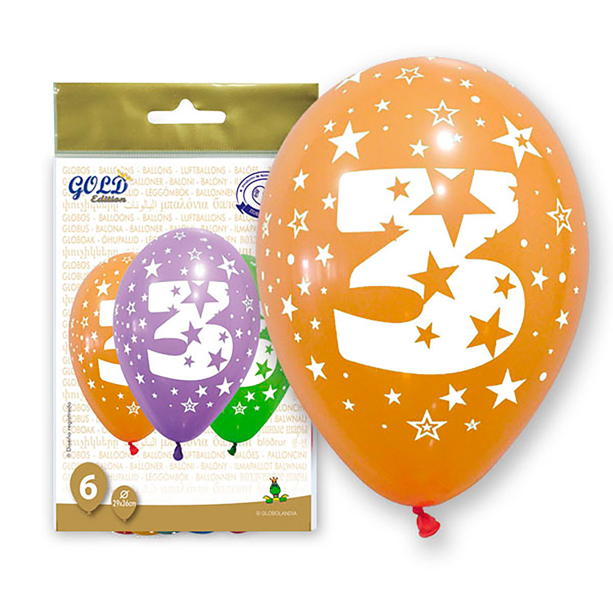 Globos impresos número 3 Gold Edition, colores surtidos