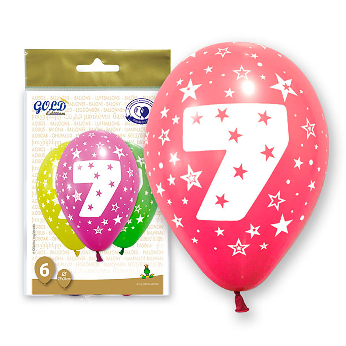 Globos número 7 Gold Edition, 12" surtidos, bolsa de 6