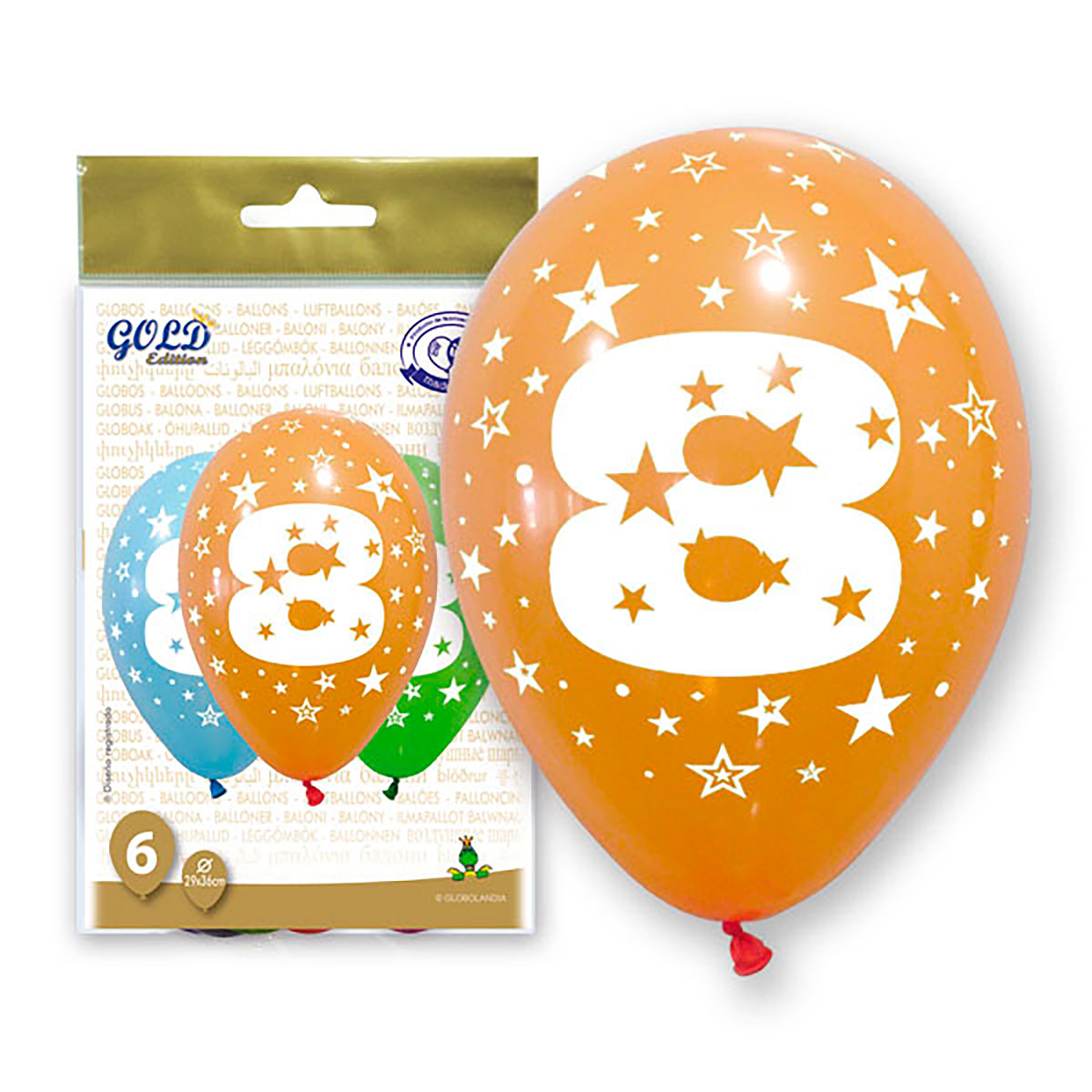 Globos Número 8 Gold Edition, bolsa de 6 uds