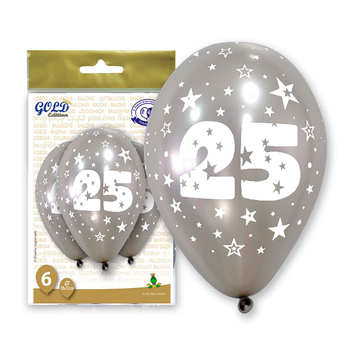 Globos impresos 25 Aniversario, color plata, 12 pulgadas