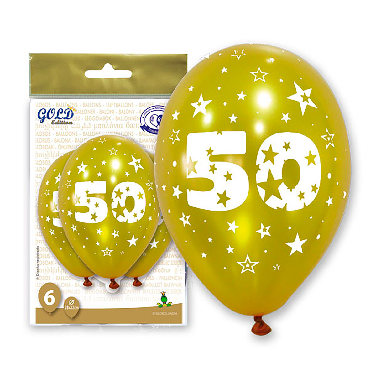 Globos metalizados oro nº50 aniversario, bolsa de 6