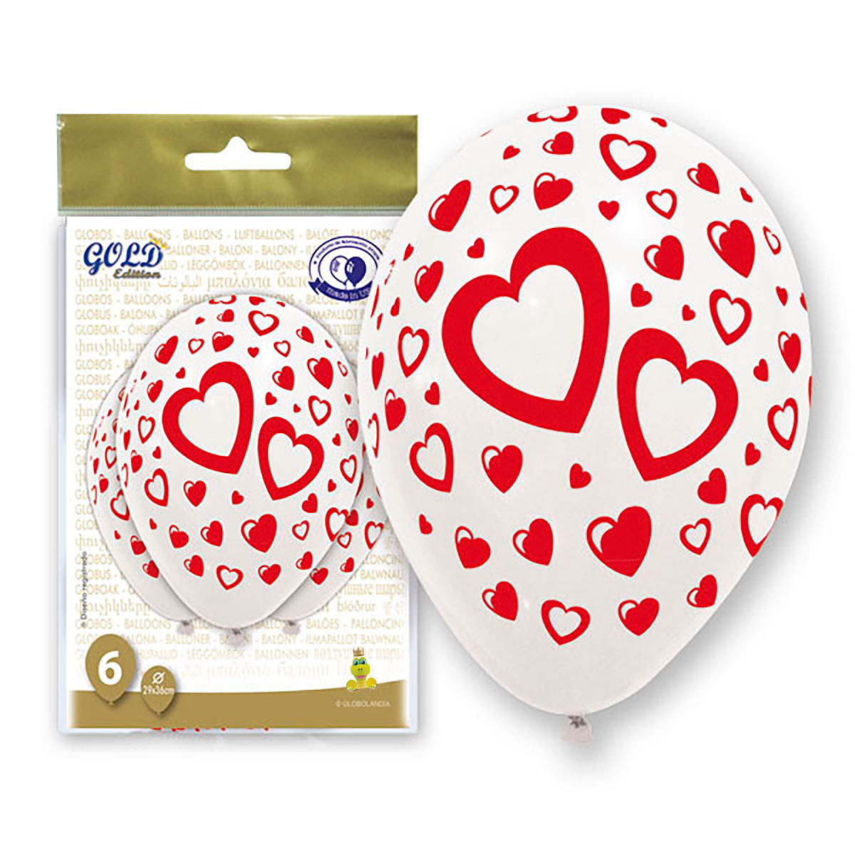 Globos látex blancos impresos corazones 12" Gold Edition