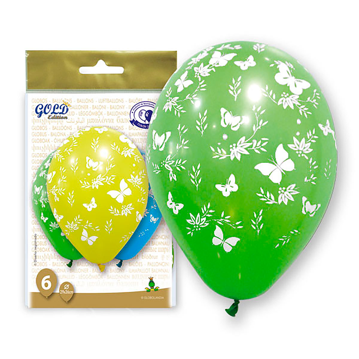 Globos Mariposas 12" Gold Edition, bolsa de 6