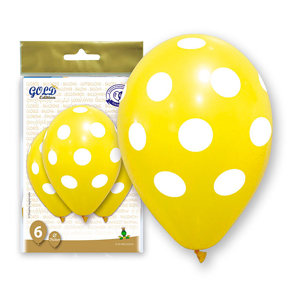 Globos amarillos con topos blancos, 12 pulgadas, bolsa de 6