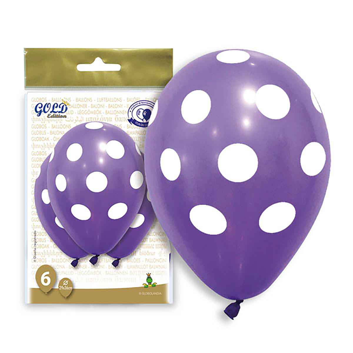 Globos Látex Lila Topos Blancos 12" Gold Edition