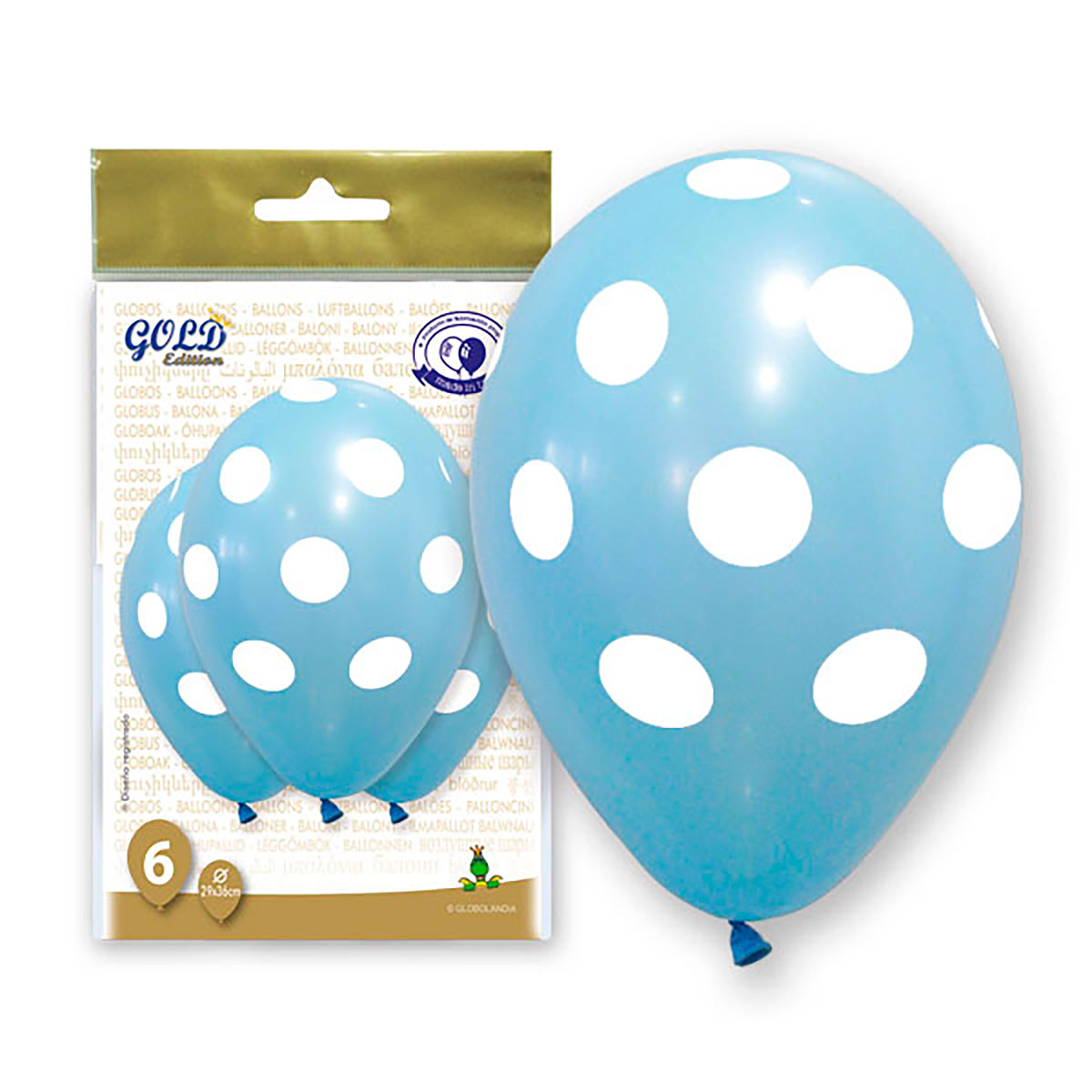Globos de 12 pulgadas con topos, celeste y blanco
