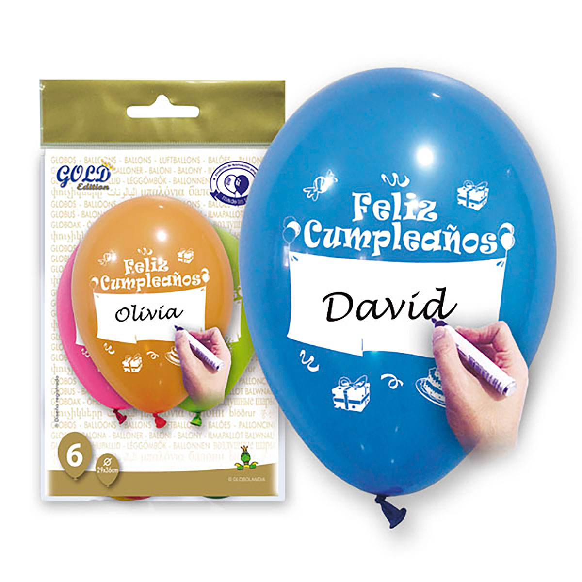Globos Feliz Cumpleaños para Personalizar con Rotulador, Bolsa de 6