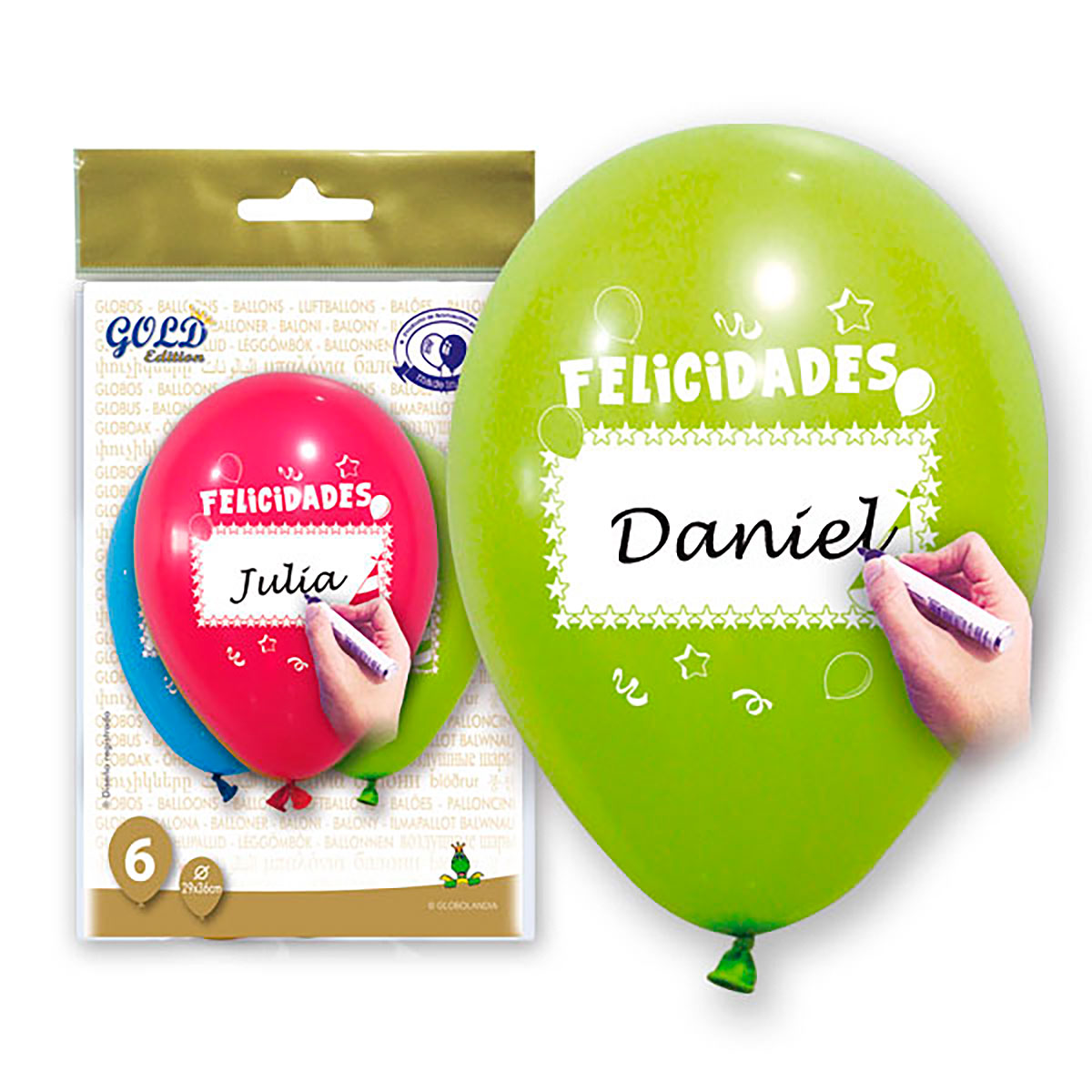Globos Felicidades 12" para escribir, Gold Edition, 6 uds